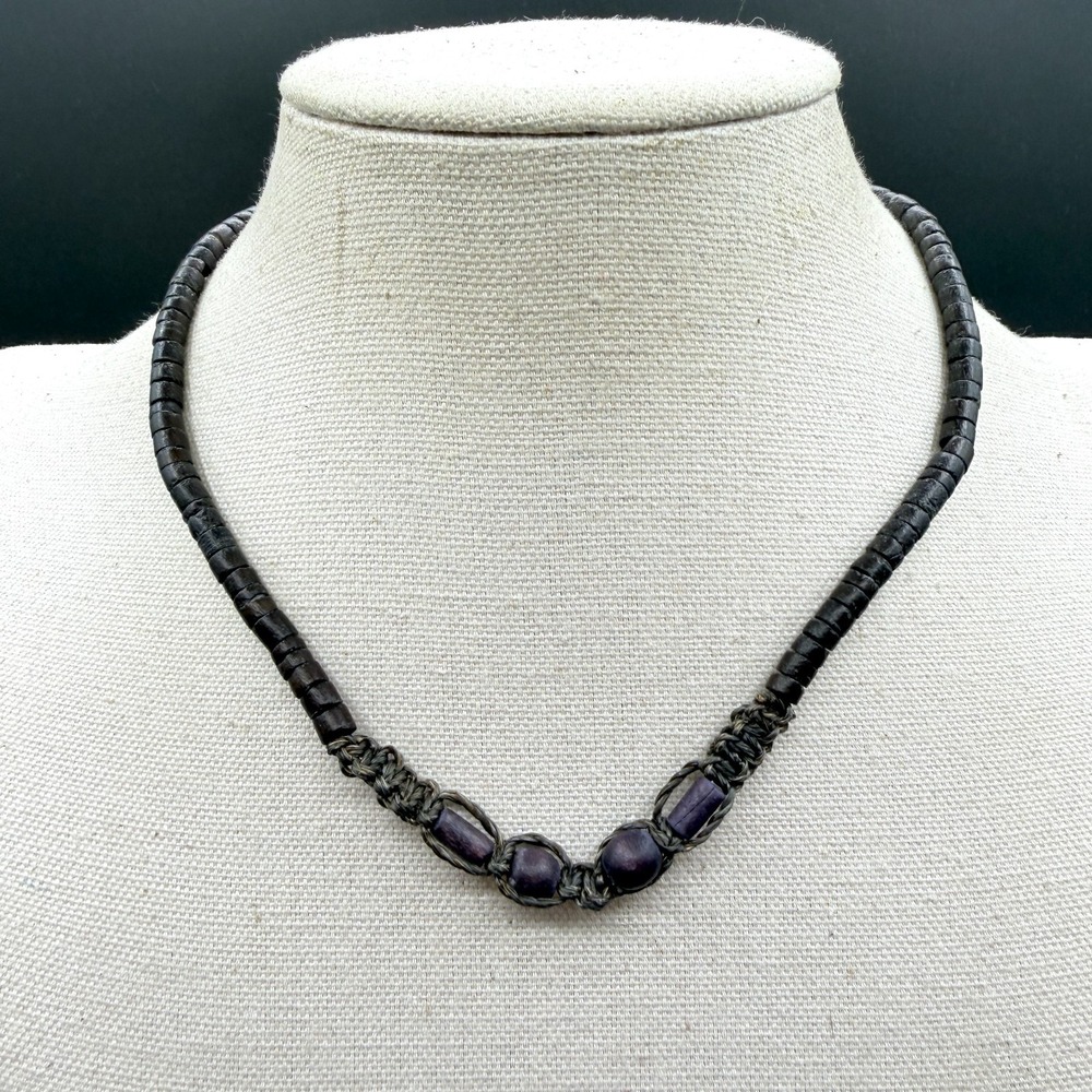 Boho Dark Disc Bead Necklace Purple Wood Macrame Cord Adjustable Tribal Gothic